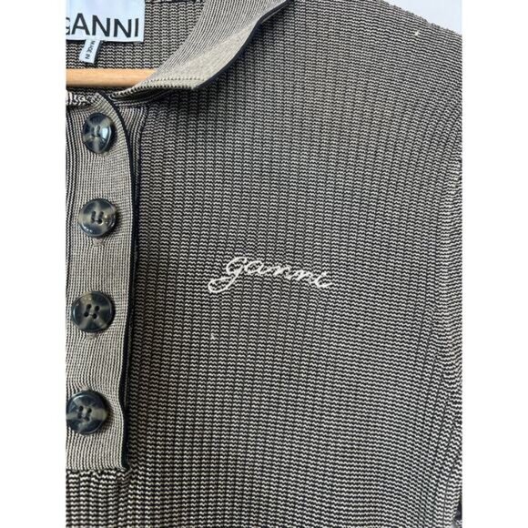 NEW Ganni Melange Collar Embroidered Short-Sleeve Knit Mini Dress Safari Size: M - Picture 5 of 8